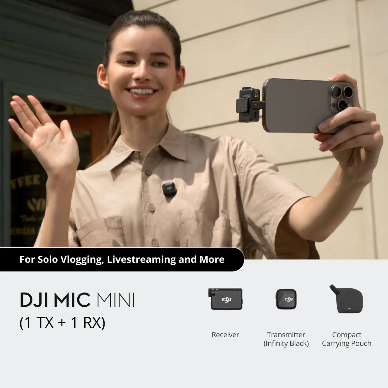 MIC / DJI MIC MINI / TRANSMITTER x 1 + RECEIVER x 1 / UP TO 10 HRS / 1 x MIC / FREQUENCY RESPONSE: 2.400 - 2.4835GHZ / BLACK / 1 YEAR WARRANTY