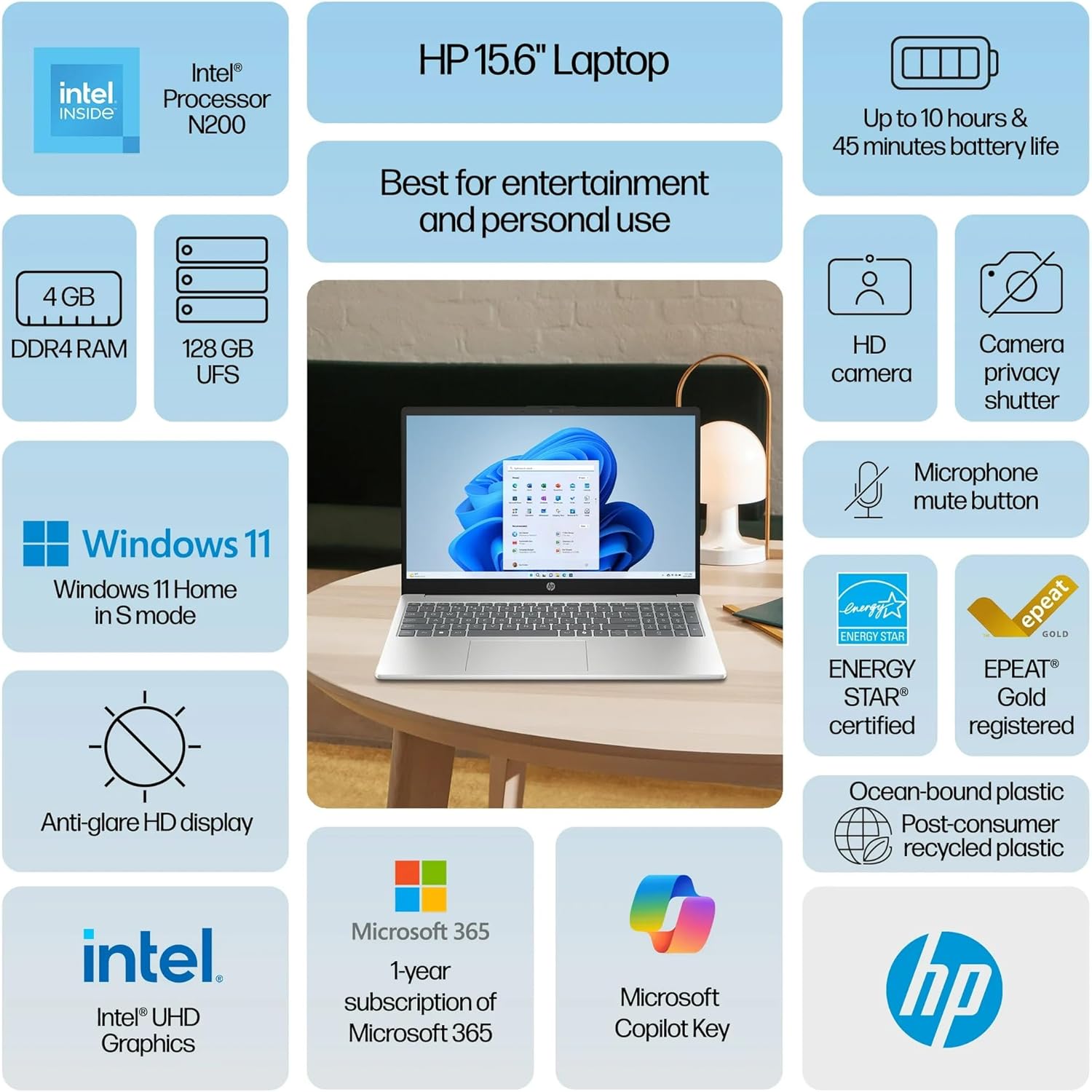 HP 15.6 inch HD Laptop, Intel Processor N200, 4GB RAM, 128GB UFS, Windows 11 Home in S Mode, One Year Microsoft Office 365, Natural Silver, 15-fd0084wm